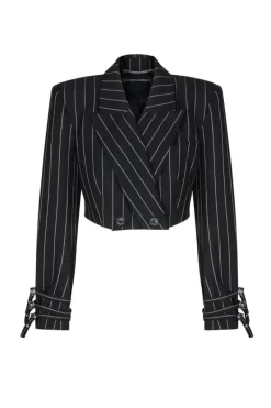 CULT MIA ABANO CROPPED STRIPED DOUBLE BREASTED BLAZER