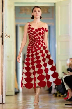 CULT MIA A-LINE SHEER TULLE DRESS WITH RED VELVET FABRIC CUTS