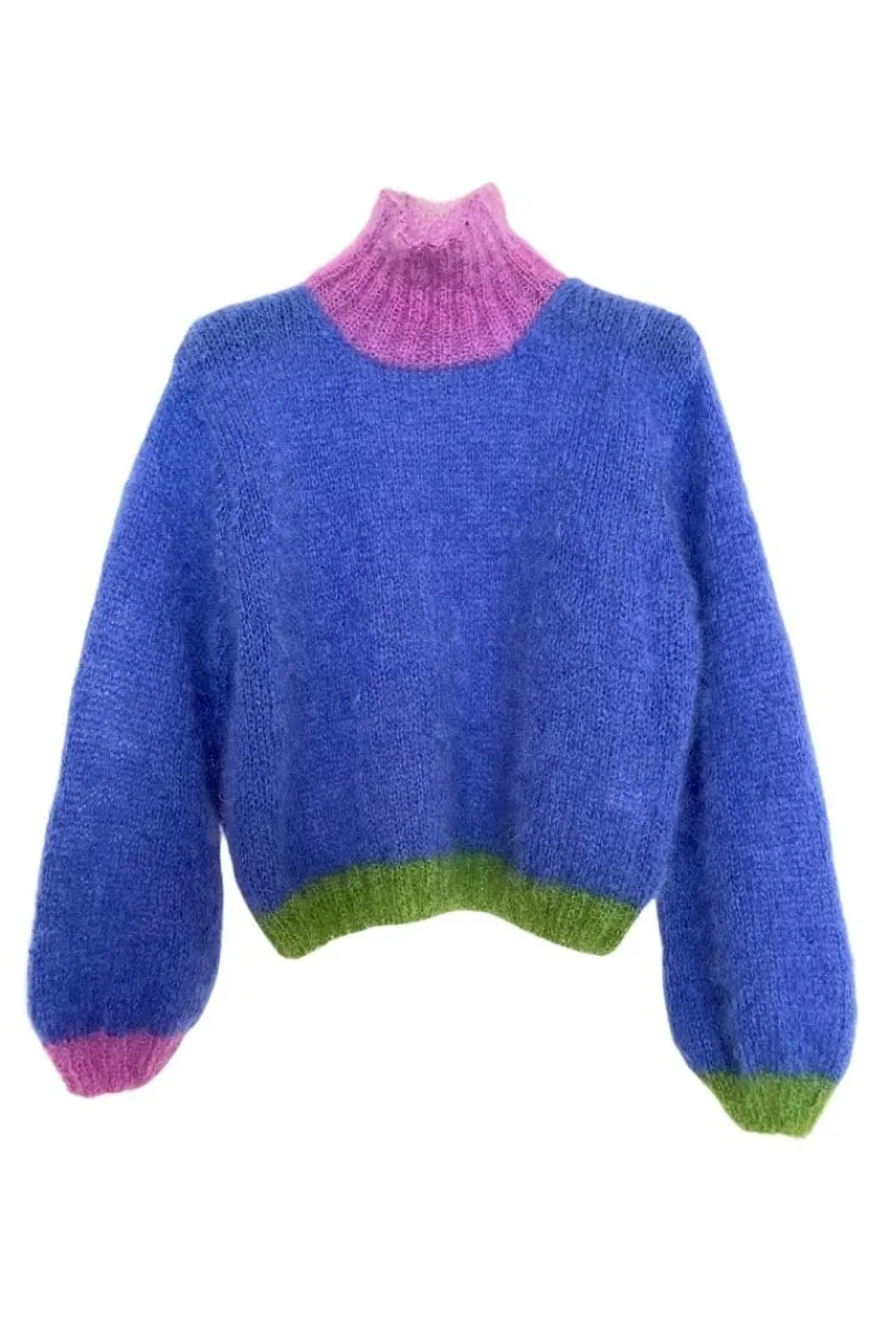 CULT MIA BLUE COLORBLOCK MOCK NECK MOHAIR SWEATER